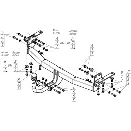 91412-A MOTODOR Фаркоп с оцинкованным шаром на Nissan X-Trail T32 2014-2022, Renault Koleos 2017-2020 без выреза в бампере. Тип шара: A. Нагрузки: 2000/100 кг, масса фаркопа 19,5 кг