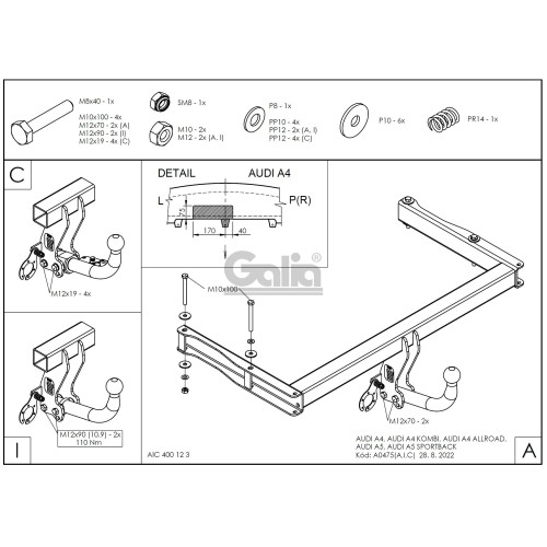A047C GALIA Полностью оцинкованный фаркоп на Audi A4 B8 седан/универсал 2007-2015, Audi A4 Allroad 2009-2016, Audi A5 Sportback 2008-2016. Подрозетник убирается за бампер. Тип шара: C (горизонтальный съемный). Невидимый вырез бампера. Нагрузки: 2200/90 кг