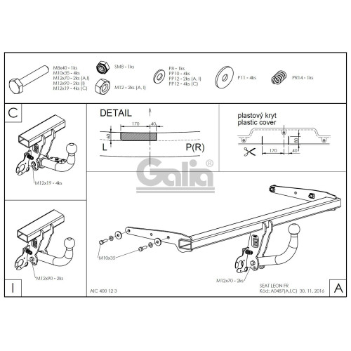 A048A GALIA Полностью оцинкованный фаркоп на Volkswagen Golf VII хетчбек 5 дверей 2013-2017, SEAT Leon хетчбек 5 дверей 2013-2017, Audi A3 хетчбек 3/5 дверей 2012-2020. Подрозетник убирается за бампер. Тип шара: A. Подрезка бампера. Нагрузки 2000/80 кг, м