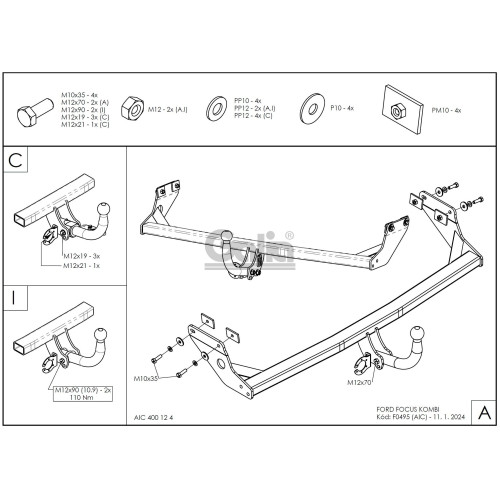 F049C GALIA Полностью оцинкованный фаркоп на Ford Focus I универсал 1998-2004. Тип шара: C (горизонтальный съемный). Установка без снятия и выреза бампера. Нагрузки: 1300/65 кг, масса фаркопа 17,77 кг