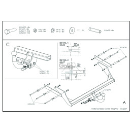 F102A GALIA Полностью оцинкованный фаркоп на Ford Mondeo универсал 1993-2006. Тип шара: A. Подрезка бампера. Нагрузки: 1800/75 кг, масса фаркопа 17,22 кг