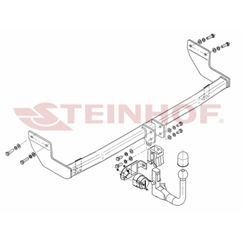 H-244 STEINHOF Фаркоп на Hyundai ix20 2010-2019. Требуется подрезка бампера. Тип шара: AV (вертикальное быстросъемное крепление шара на ключе). Нагрузки: 1300/75 кг, масса фаркопа 20,5 кг (без электрики в комплекте)