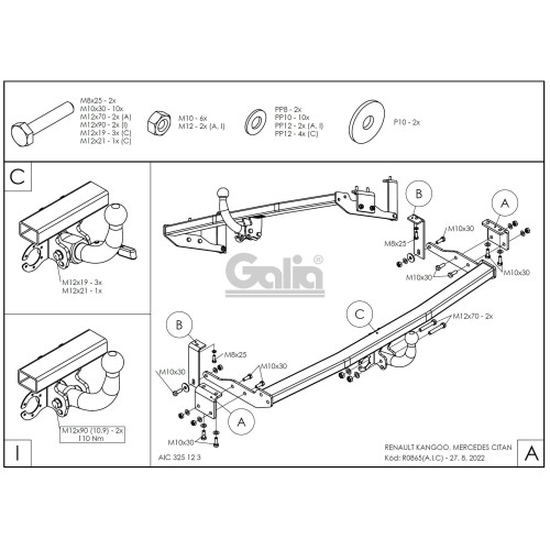 R086A GALIA Полностью оцинкованный фаркоп на Renault Kangoo 2010-2021, Mercedes Citan 2012-2021. Тип шара: A. Установка без снятия и выреза бампера. Нагрузки: 1200/75 кг, масса фаркопа 15,62 кг
