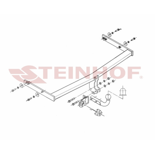 S-101 STEINHOF Фаркоп на Seat Altea 05/2004-2015, Seat Altea XL 2006-2015, Seat Leon хетчбек 5 дверей, кроме FR 09/2005-2012, Seat Toledo седан 2005-2009. Требуется подрезка бампера. Тип шара: A. Нагрузки: 1400/75 кг, масса фаркопа 15,5 кг (без электрики 