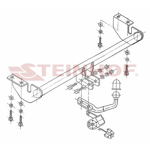T-102 STEINHOF Фаркоп на Toyota Avensis универсал T25 2003-2009 без снятия и подрезки бампера. Тип шара: A. Нагрузки: 1550/75 кг, масса фаркопа 14,5 кг (без электрики в комплекте)