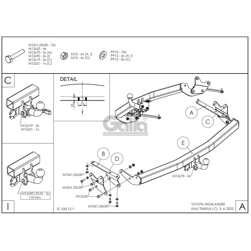 T068C GALIA Полностью оцинкованный фаркоп на Toyota Highlander 2010-2014. Тип шара: C (горизонтальный съемный). Требуется подрезка бампера. Нагрузки: 2500/120 кг, масса фаркопа 19,97 кг