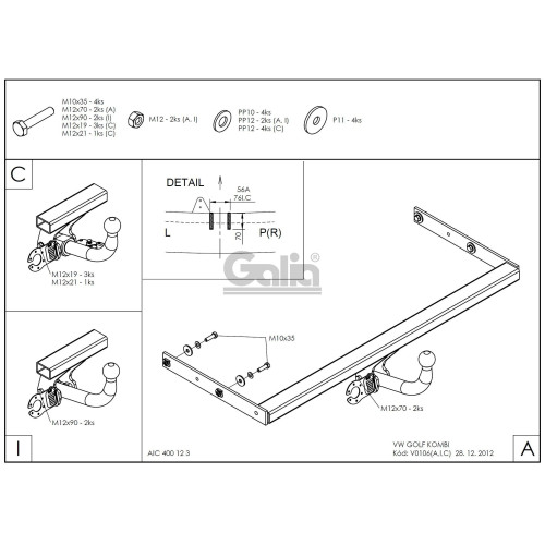 V010A GALIA Полностью оцинкованный фаркоп на Volkswagen Golf III универсал 1993-1999. Тип шара: A. Подрезка бампера. Нагрузки: 1500/75 кг, масса фаркопа 14,42 кг