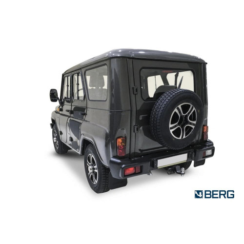 F.6312.002 BERG Фаркоп на UAZ Hunter 2003-, UAZ 469 1972-1985, 2010-2011, UAZ 3151/31512 1985-2013 без подрезки бампера. Тип шара: E. Нагрузки: 1000/75 кг, масса фаркопа 13,5 кг (без электрики в комплекте)
