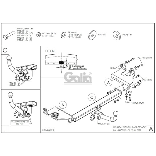 H070C GALIA Полностью оцинкованный фаркоп на Hyundai Tucson 2004-2010, Kia Sportage 2004-2010. Тип шара: C (горизонтальный съемный). Невидимый вырез бампера. Нагрузки: 2000/90 кг, масса фаркопа 19,37 кг