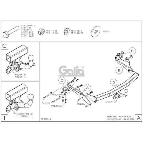 H077A GALIA Полностью оцинкованный фаркоп на Hyundai Starex 2008-2018, 2018-2023, Hyundai H1 2008-2018, 2018-2023. Тип шара: A. Установка без снятия и выреза бампера. Нагрузки: 2300/100 кг, масса фаркопа 24,22 кг