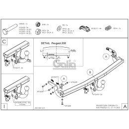 P042A GALIA Полностью оцинкованный фаркоп на Peugeot 208 хетчбек 2012-2019, Citroen C3 2016-. Подрозетник убирается за бампер. Тип шара: A. Невидимый вырез бампера