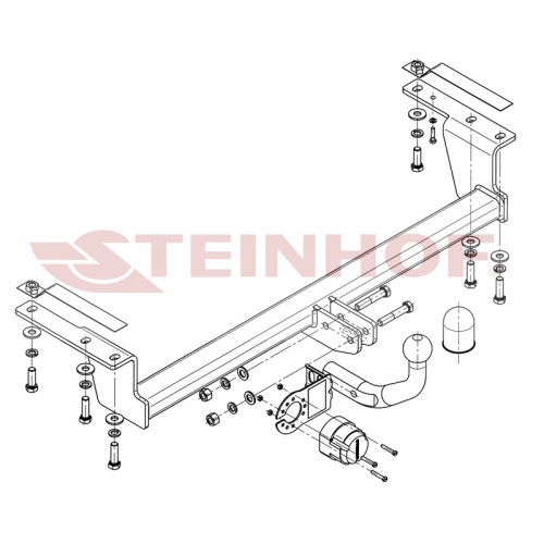 T-126 STEINHOF Фаркоп на Toyota Corolla хетчбек 3/5 дверей E12 2002-2007 без подрезки бампера. Тип шара: A. Нагрузки: 1350/55 кг, масса фаркопа 13,6 кг (без электрики в комплекте)