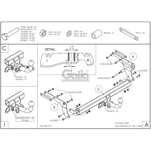 T069A GALIA Полностью оцинкованный фаркоп на Toyota Yaris 2014-2020. Тип шара: A. Установка без выреза бампера. Нагрузки: 1050/60 кг, масса фаркопа 13,25 кг