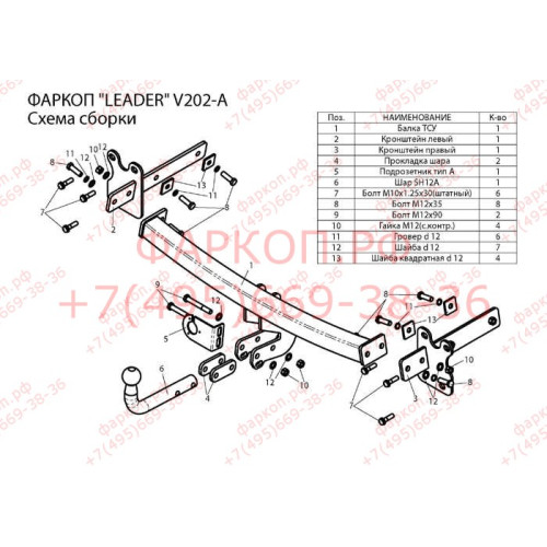V202-A Лидер-плюс ТСУ для Volvo XC70 2007-2014. Необходим вырез в пыльнике бампера. Нагрузки: 1200/75 кг, масса фаркопа 16,32 кг (без электрики в комплекте)