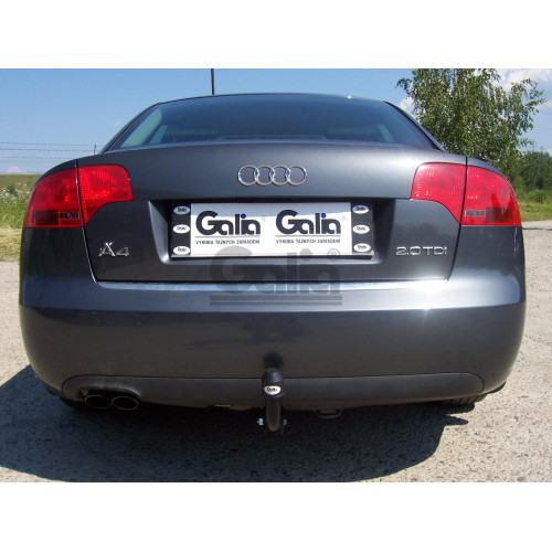 A036A GALIA Полностью оцинкованный фаркоп на Audi A4 седан/универсал (Avant) 2000-2007, включая 4WD (Quattro), SEAT Exeo седан/универсал 2009-2013. Подрозетник убирается за бампер. Тип шара: A. Невидимый вырез бампера. Нагрузки: 2100/100 кг, масса фаркопа