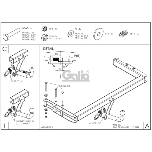 A046A GALIA Полностью оцинкованный фаркоп на Audi Q5 2008-2016. Подрозетник убирается за бампер. Тип шара: A. Невидимый вырез бампера. Нагрузки: 2400/80 кг, масса фаркопа 18,42 кг
