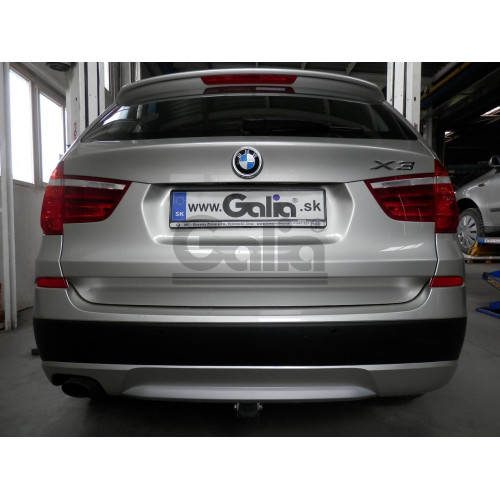 B019A GALIA Полностью оцинкованный фаркоп на BMW X3 F25 2010-2017, BMW X4 F26 2014-2018, кроме моделей с M-пакетом. Подрозетник убирается за бампер. Тип шара: A. Установка без выреза бампера. Нагрузки: 2400/100 кг, масса фаркопа 12,32 кг