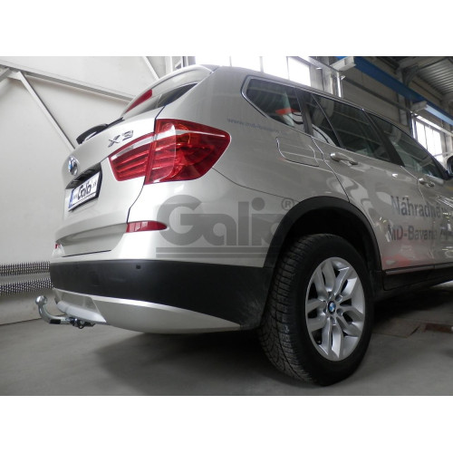 B019A GALIA Полностью оцинкованный фаркоп на BMW X3 F25 2010-2017, BMW X4 F26 2014-2018, кроме моделей с M-пакетом. Подрозетник убирается за бампер. Тип шара: A. Установка без выреза бампера. Нагрузки: 2400/100 кг, масса фаркопа 12,32 кг