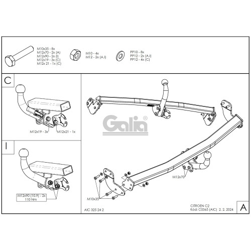 C036C GALIA Полностью оцинкованный фаркоп на Citroen C2 2003-2009. Тип шара: C (горизонтальный съемный). Установка без снятия и выреза бампера. Нагрузки: 1000/27 кг, масса фаркопа 16,36 кг