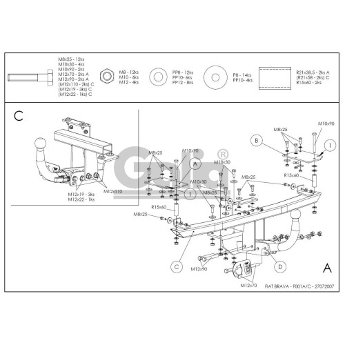 F001C GALIA Полностью оцинкованный фаркоп на FIAT Brava хетчбек 5 дверей 1995-2001. Тип шара: C (горизонтальный съемный). Без выреза бампера. Нагрузки: 1300/70 кг, масса фаркопа 17,1 кг