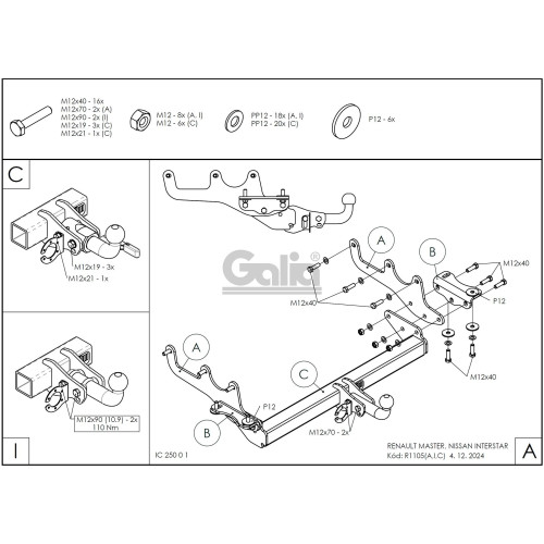 R110C GALIA Полностью оцинкованный фаркоп на Renault Master 2024-, Nissan Interstar 2024-. Тип шара: C (горизонтальный съемный). Установка без снятия и выреза бампера. Нагрузки: 3000/120 кг, масса фаркопа 21,02 кг