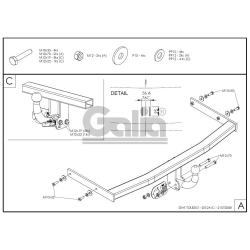 S012A GALIA Полностью оцинкованный фаркоп на SEAT Toledo седан 1998-2004. Тип шара: A. Невидимый вырез бампера. Нагрузки: 1600/75 кг, масса фаркопа 15,25 кг