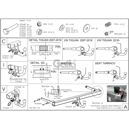 V069V GALIA Полностью оцинкованный фаркоп на Volkswagen Tiguan 2007-2016, Tiguan 2 2016-2024, Tiguan 3 2024-, VW Tayron 2024-, Audi Q3 2011-2019, 2019-2025, 2025-, SEAT Tarraco 2018-2024, 2024-. Подрозетник убирается за бампер. Тип шара: AV (вертикальное 