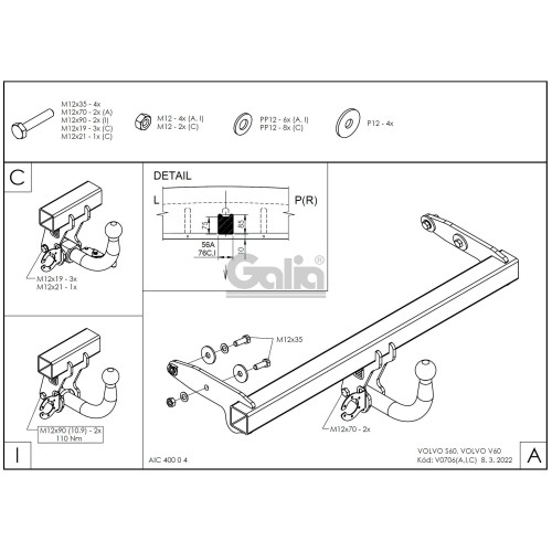 V070C GALIA Полностью оцинкованный фаркоп на Volvo XC60 2008-2017. Тип шара: C (горизонтальный съемный). Невидимый вырез бампера. Нагрузки: 2100/90 кг, масса фаркопа 16,57 кг