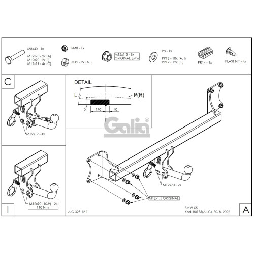 B017A GALIA Полностью оцинкованный фаркоп на BMW X5 E70 2007-2013, X5 F15 2013-2018, BMW X6 F16 2014-2019, кроме моделей с M-пакетом. Подрозетник убирается за бампер. Тип шара: A. Невидимый вырез бампера. Нагрузки: 3500/140 кг, масса фаркопа 16,52 кг