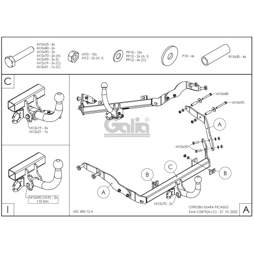 C047C GALIA Полностью оцинкованный фаркоп на Citroen Xsara Picasso 2000-2010. Особенности: с 2006- необходим блок согласования. Тип шара: C (горизонтальный съемный). Установка без снятия и выреза бампера. Нагрузки: 1300/80 кг, масса фаркопа 15,37 кг
