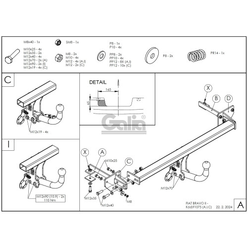 F107C GALIA Полностью оцинкованный фаркоп на FIAT Bravo 2007-2014. Подрозетник убирается за бампер. Тип шара: C (горизонтальный съемный). Невидимый вырез бампера. Нагрузки: 1300/60 кг, масса фаркопа 17,1 кг