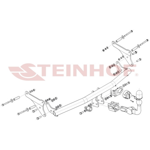R-050 STEINHOF Фаркоп на Renault Modus 2004-2008. Требуется подрезка бампера. Тип шара: AH (горизонтальное быстросъемное крепление шара на ключе). Нагрузки: 950/75 кг, масса фаркопа 10,2 кг (без электрики в комплекте)
