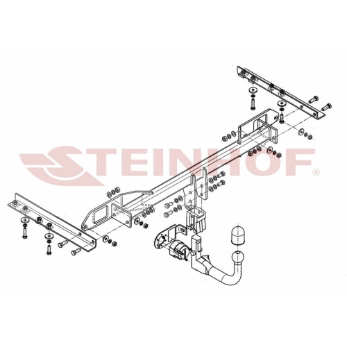 S-011 STEINHOF Фаркоп на Saab 9-5 седан 2010-2012. Требуется подрезка бампера. Тип шара: AV (вертикальное быстросъемное крепление шара на ключе). Нагрузки: 2000/85 кг, масса фаркопа 21,9 кг (без электрики в комплекте)