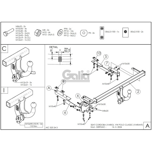 S089C GALIA Полностью оцинкованный фаркоп на SEAT Cordoba / Cordoba Vario (универсал) с широким бампером 1999-2002, Volkswagen Polo Classic седан/универсал 1997-2003. Тип шара: C (горизонтальный съемный). Подрезка бампера. Нагрузки: 1000/50 кг, масса фарк