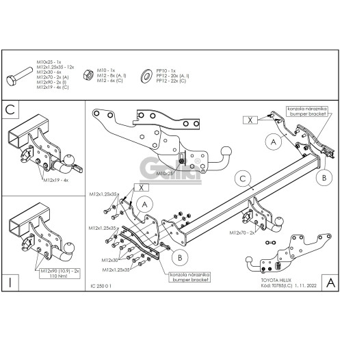 T078A GALIA Полностью оцинкованный фаркоп на Toyota Hilux 2015-, JAC T6 2021-, JAC T8 2018-, JAC Т8 Pro 2023-, Sollers ST6 2023-, Sollers ST8 2025-. Тип шара: A. Установка без выреза бампера. Нагрузки: 3500/140 кг, масса фаркопа 24,22 кг