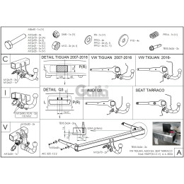 V069A GALIA Полностью оцинкованный фаркоп на Volkswagen Tiguan 2007-2016, Tiguan 2 2016-2024, Audi Q3 2011-2019, 2019-2025, SEAT Tarraco 2018-2024. Тип шара: A. Невидимый вырез бампера. Нагруз