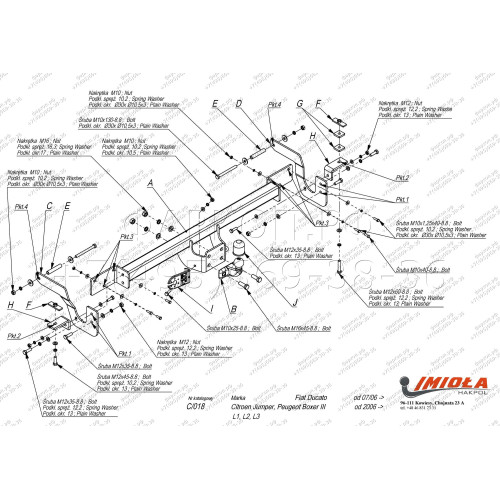 C.018 IMIOLA Фаркоп Citroen Jumper VAN III L1, L2, L3 2006-, FIAT Ducato III VAN L1, L2, L3 2006-, Peugeot Boxer III VAN L1, L2, L3 2006- Необходима подрезка бампера. Тип шара: F. Нагрузки: 3000/100 кг (без электрики в комплекте)
