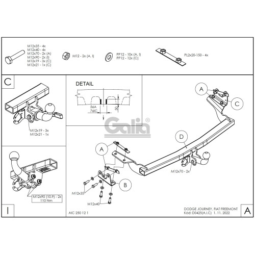 D042A GALIA Полностью оцинкованный фаркоп на Dodge Journey 2008-2020, FIAT Freemont 2011-2020 2WD/4WD, кроме авто с запаской снизу. Тип шара: A. Подрезка бампера. Нагрузки: 1600/80 кг, масса фаркопа 14,02 кг