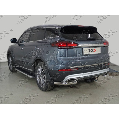 TCU00299 ТСС Фаркоп на Geely Atlas Pro 2021-2024, Belgee X70 2024-. Требуется подрезка бампера. Тип шара: E (шаровый узел под американский квадрат). Нагрузки: 750/50 кг