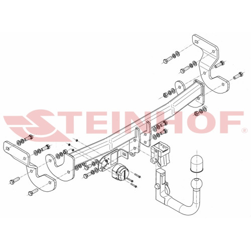 H-252 STEINHOF Фаркоп на Hyundai i40 седан 2011-2019. Требуется подрезка бампера. Тип шара: AV (вертикальное быстросъемное крепление шара на ключе). Нагрузки: 1800/85 кг, масса фаркопа 19,72 кг (без электрики в комплекте)