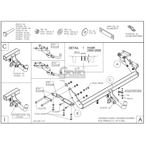 M082C GALIA Полностью оцинкованный фаркоп на Mitsubishi Pajero IV 2007-2020 (без подрезки бампера), Mitsubishi Pajero III 2000-2007 3/5 дверей V7 (невидимый вырез бампера). Тип шара: C (горизонтальный съемный). Нагрузки: 3500/135 кг, масса фаркопа 22,77 к