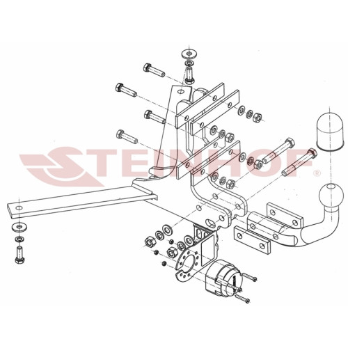 S-016 STEINHOF Фаркоп на Saab 9-3 универсал 2002-2012. Требуется подрезка бампера. Тип шара: A. Нагрузки: 1600/75 кг, масса фаркопа 9,23 кг (без электрики в комплекте)