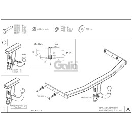 S074C GALIA Полностью оцинкованный фаркоп на SEAT Altea 2004-2015, SEAT Leon 2005-2013. Тип шара: C (горизонтальный съемный). Подрезка бампера. Нагрузки: 1600/75 кг, мас