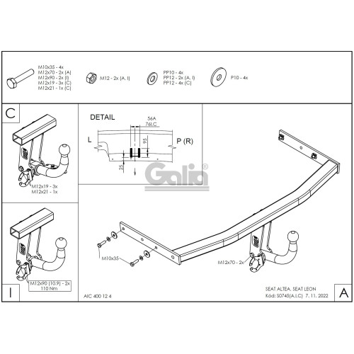 S074C GALIA Полностью оцинкованный фаркоп на SEAT Altea 2004-2015, SEAT Leon 2005-2013. Тип шара: C (горизонтальный съемный). Подрезка бампера. Нагрузки: 1600/75 кг, масса фаркопа 18,36 кг