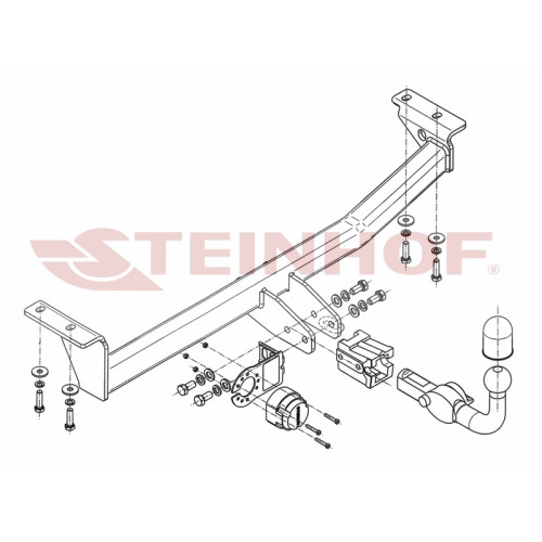 T-230 STEINHOF Фаркоп на Toyota Yaris Verso 1999-2005, Toyota Fun Cargo 1999-2005 без снятия и подрезки бампера. Тип шара: AH (горизонтальное быстросъемное крепление шара на ключе). Нагрузки: 1000/50 кг, масса фаркопа 20,7 кг (без электрики в комплекте)