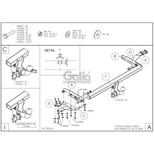 T053A GALIA Полностью оцинкованный фаркоп на Toyota Corolla Verso 2004-2009. Тип шара: A. Требуется подрезка бампера. Нагрузки: 1400/60 кг, масса фаркопа 15,01 кг