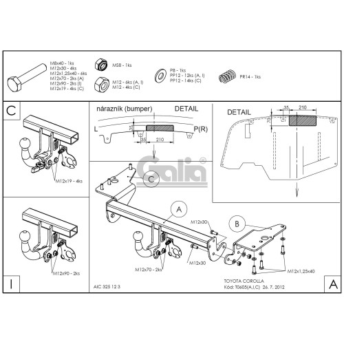 T060C GALIA Полностью оцинкованный фаркоп на Toyota Corolla E15 седан 2007-2013. Подрозетник убирается за бампер. Тип шара: C (горизонтальный съемный). Невидимый вырез бампера. Нагрузки: 1500/60 кг, масса фаркопа 18,17 кг