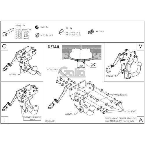 T081V GALIA Полностью оцинкованный фаркоп на Toyota Land Cruiser J250 2023-, Lexus GX J250 2023-. Подрозетник убирается за бампер. Тип шара: AV (вертикальное быстросъемное крепление шара на ключе). Невидимый вырез бампера. Нагрузки: 3500/120 кг, масса фар