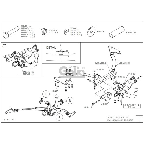 V078A GALIA Полностью оцинкованный фаркоп на Volvo S40 седан 2004-2012, Volvo V50 универсал 2004-2012. Тип шара: A. Без выреза бампера. Нагрузки: 1600/100 кг, масса фаркопа 13,52 кг