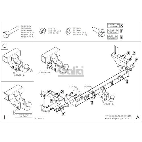 V093C GALIA Полностью оцинкованный фаркоп на Ford Ranger 2022-, Volkswagen Amarok 2022-. Тип шара: C (горизонтальный съемный). Установка без выреза бампера. Нагрузки: 3500/210 кг, масса фаркопа 25,17 кг